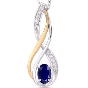 10K YGold 925 Sterling Silver Sapphire/White Lab Grown Diamond Pendant Necklace